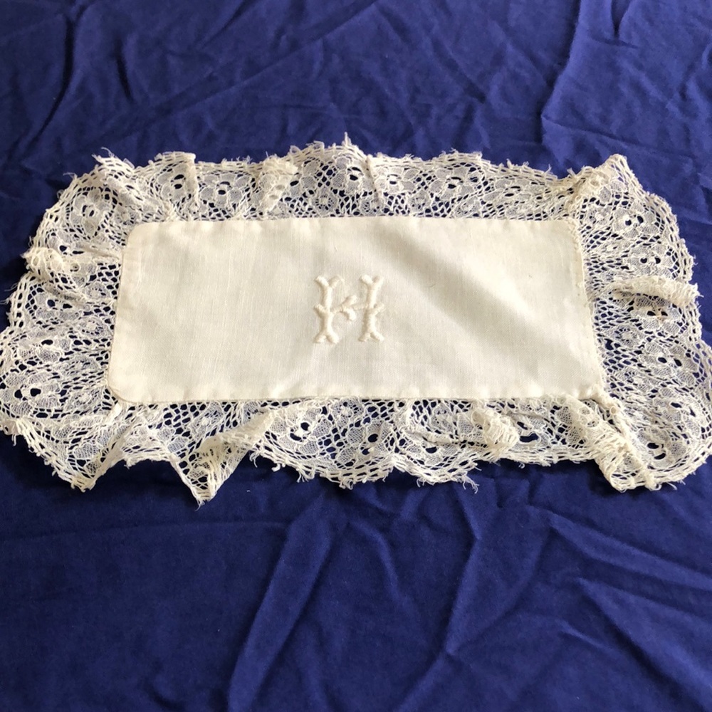 Vintage tiny white linen crochet H monogrammed square bag or pillow